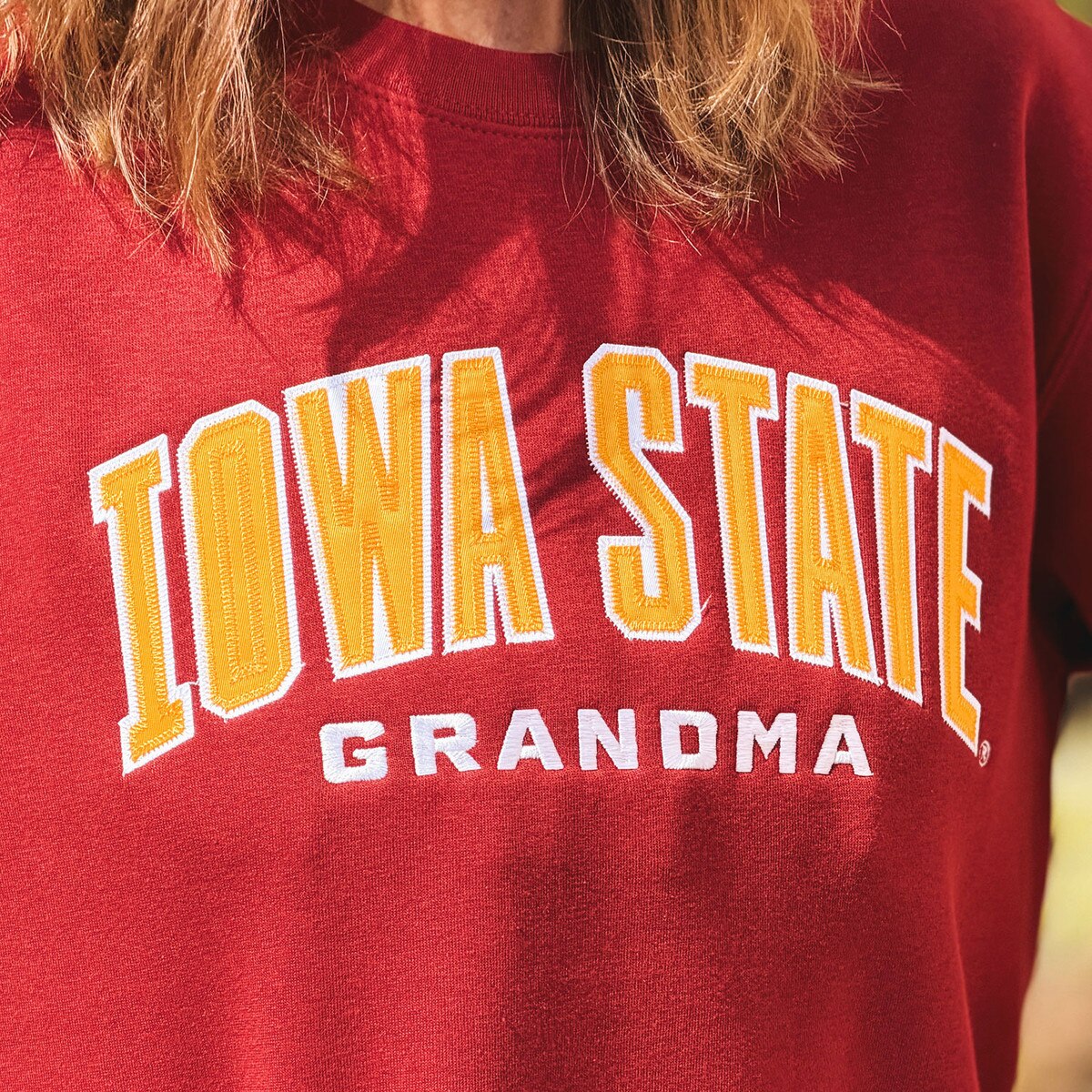 Artisans 2026 Iowa State Grandma Cardinal Crewneck Sweatshirt design close up